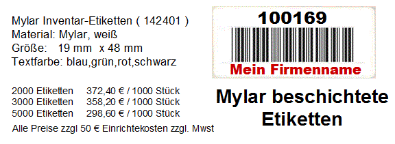 beschichtete Mylar Inventaretiketten mit Barcode und Firmenname