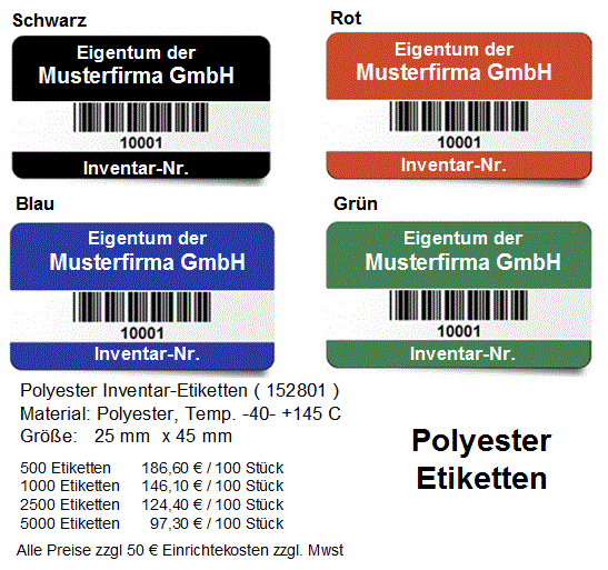 Inventaretiketten Polyester Etiketten mit Barcode Eigentumsetiketten