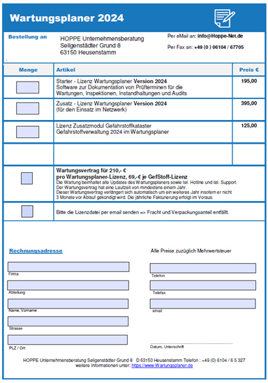 Bestellformular Wartungsplaner als PDF